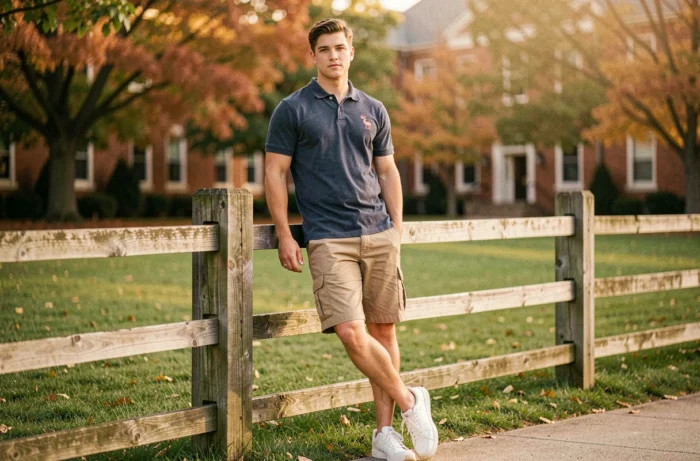 Jeune homme en polo Abercrombie & Fitch marine brodé avec short cargo kaki, style preppy américain années 2000