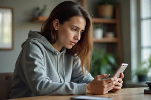 Jeune femme consultant son smartphone pour accéder à son compte Snapchat depuis son bureau à domicile