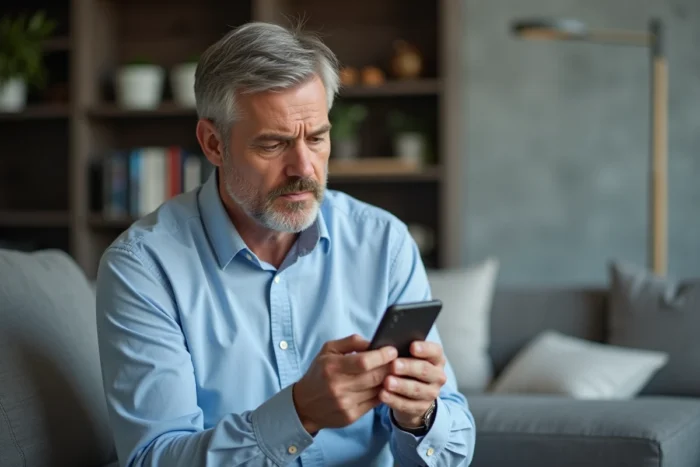 Homme consultant son smartphone pour résoudre un problème d'accès à son espace locataire MyFoncia
