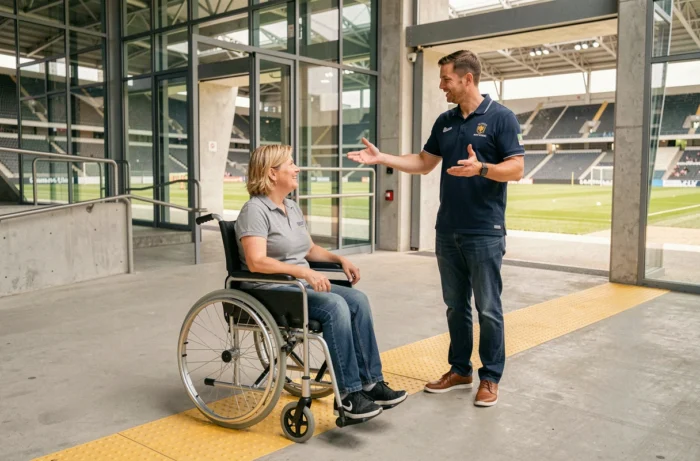 Femme en fauteuil roulant accédant à l'entrée accessible d'un stade de football parisien accompagnée d'un agent d'accueil