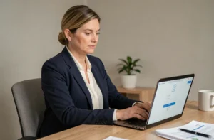 Professionnelle de santé accédant à une plateforme sécurisée de gestion de compte médicale sur ordinateur portable