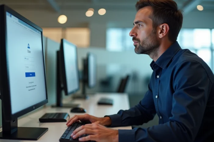 Homme accédant au webmail Toulouse depuis un poste de travail en entreprise