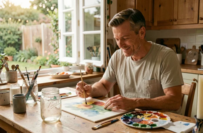 Homme pratiquant une activité créative de peinture aquarelle le week-end sans objectif de performance, concentré et détendu
