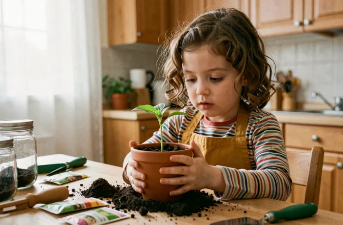 Petite fille de 7 ans observant une plante en pot lors d'une activité éducative de jardinage en intérieur