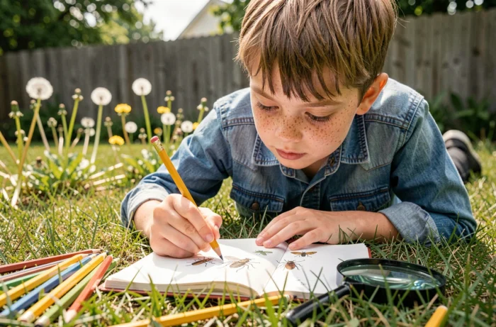 Garçon de 9 ans dessinant des insectes dans un carnet nature allongé dans l'herbe lors d'une exploration en plein air