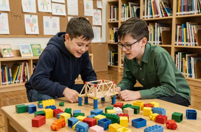 Deux garçons collaborant sur un projet de construction éducatif STEM dans une bibliothèque scolaire