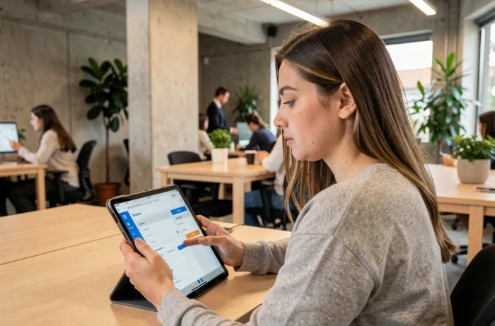 Administratrice de santé accédant à un portail de gestion de compte sécurisé sur tablette dans un espace de coworking