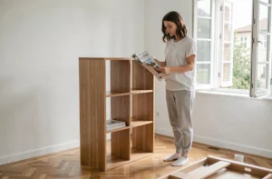 Femme aérant un meuble Ikea non assemblé près d'une fenêtre ouverte pour éliminer les odeurs chimiques
