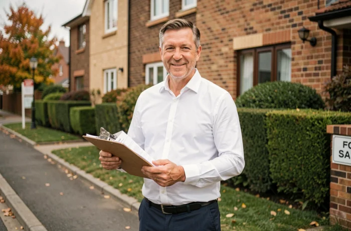 Agent immobilier fiable tenant des documents devant une maison résidentielle, professionnel de confiance dans le secteur immobilier