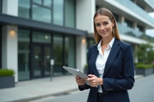 Agent immobilière professionnelle devant un immeuble moderne tenant une tablette avec des annonces immobilières
