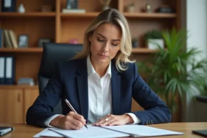 Agent immobilier féminine révisant un modèle de pré-état daté à son bureau dans une agence professionnelle