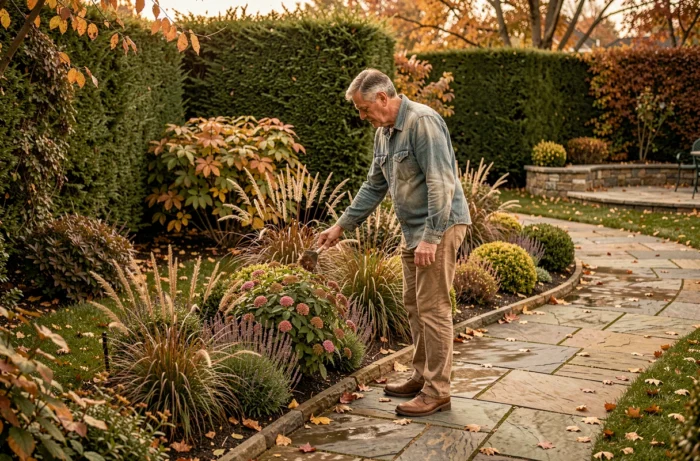 Homme aménageant une bordure de plantes vivaces le long d'une allée en pierre dans un jardin en automne