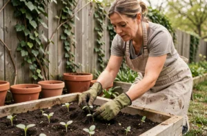 Femme jardinière qui transplante des plants dans un potager surélevé en bois au printemps