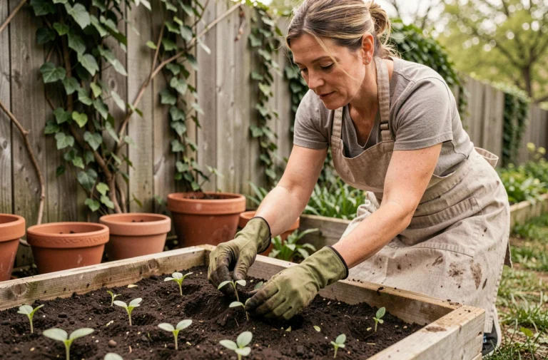Femme jardinière qui transplante des plants dans un potager surélevé en bois au printemps