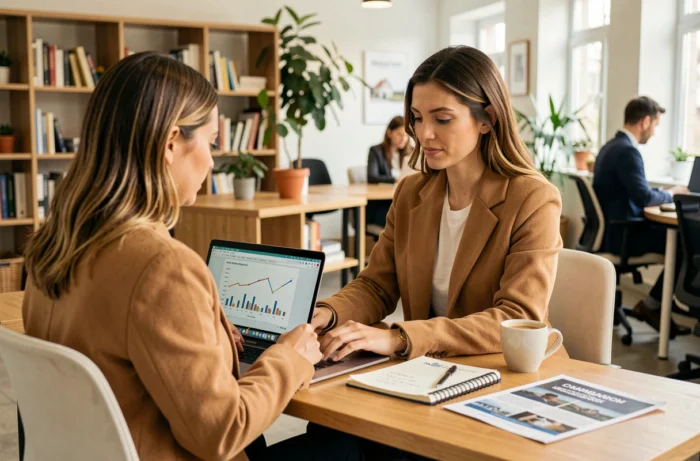 Femme analysant un rapport d'entreprise immobilière sur ordinateur portable dans un espace de coworking, vérification de la fiabilité d'un partenaire immobilier