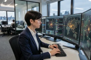 Analyste en cybersécurité travaillant sur des écrans de surveillance réseau dans un centre opérationnel à Poitiers