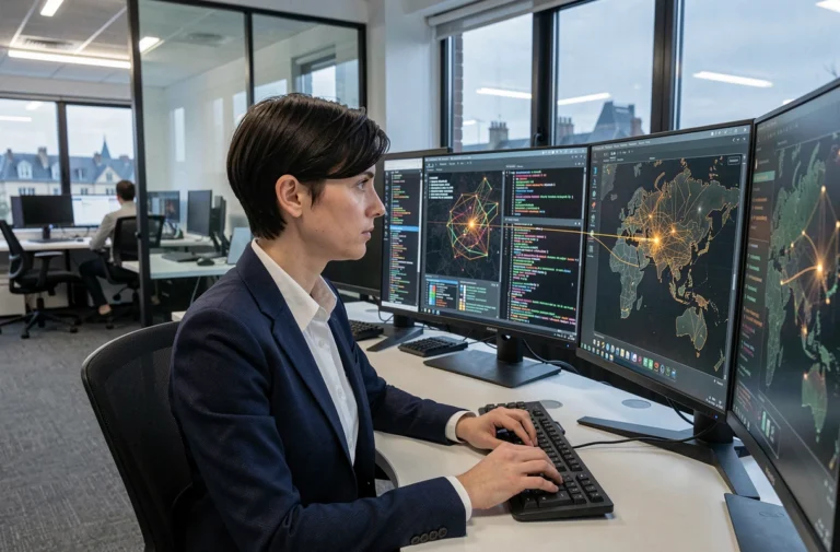 Analyste en cybersécurité travaillant sur des écrans de surveillance réseau dans un centre opérationnel à Poitiers
