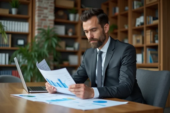 Analyste immobilier en bureau moderne étudiant des rapports de tendances du marché immobilier