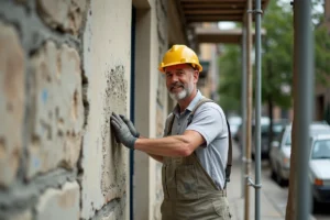 Artisan maçon appliquant un enduit de ravalement sur une façade en pierre d'un immeuble résidentiel, monté sur échafaudage en milieu urbain