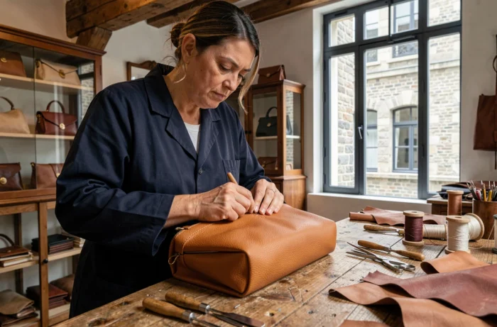 Artisane française cousant à la main un sac en cuir dans un atelier parisien traditionnel