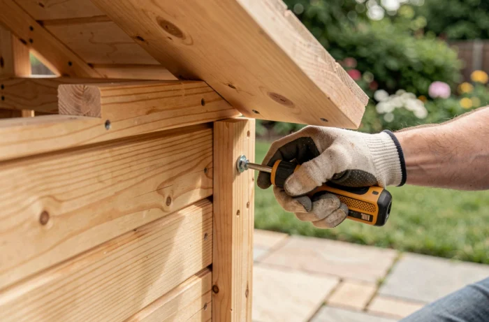 Gros plan sur l'assemblage d'une maisonnette en bois avec les mains d'un parent serrant un boulon lors de l'installation dans le jardin