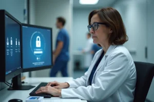 Administratrice hospitalière se connectant à la messagerie APHP avec authentification renforcée sur un poste de travail sécurisé