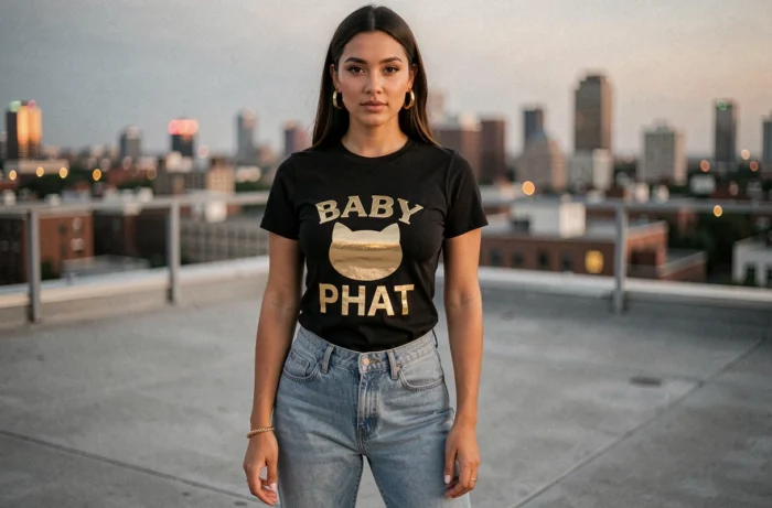 Femme en t-shirt Baby Phat avec logo chat en or et jean taille basse évasé, style bling années 2000