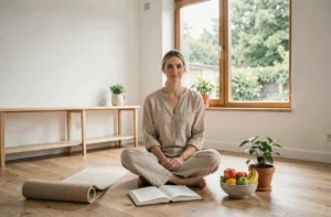 Femme en tenue décontractée entourée d'objets symbolisant le bien-être quotidien dans un appartement minimaliste lumineux