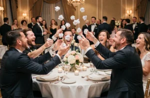 Invités de mariage riant et lançant des boulettes de papier lors d'une réception élégante