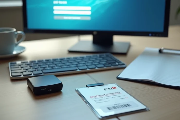 Bureau hospitalier avec carte d'accès sécurisé, lecteur de badge et écran de connexion à la messagerie sécurisée APHP