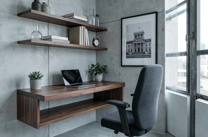 Bureau à domicile moderne avec bureau en noyer flottant, étagères décoratives et fenêtre industrielle à cadre en acier