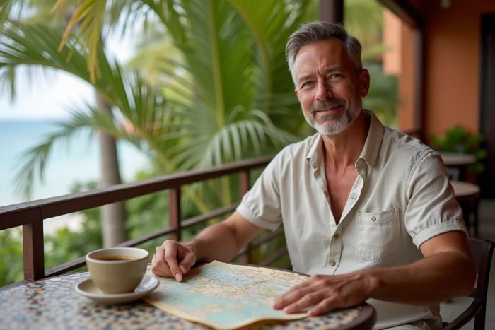 Homme consultant une carte dans un café en terrasse au bord de la Baie des Citrons à Nouméa