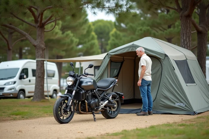 Motard installant sa tente sur un camping proche de Montalivet avant le Show Bike 2026