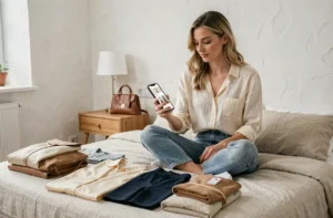 Célébrité qui revend ses vêtements de créateurs sur une appli de seconde main, entourée de pièces mode triées sur son lit