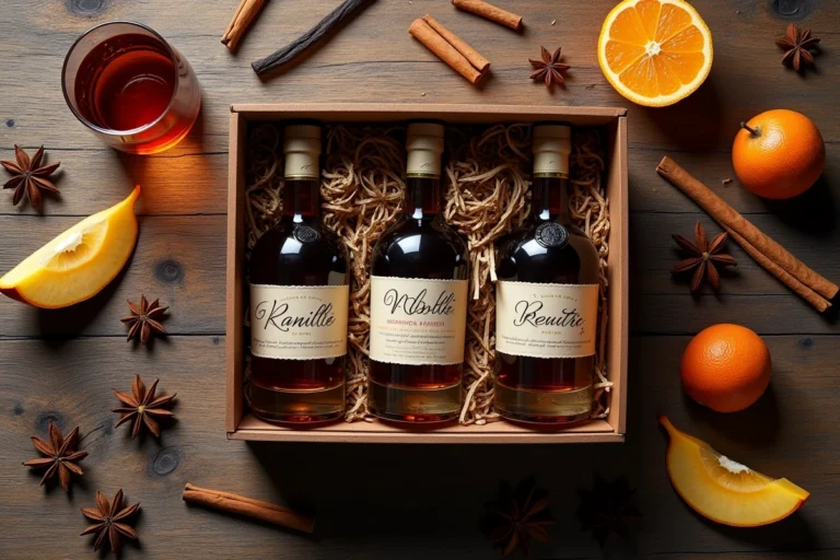 Coffret cadeau rhum arrangé avec épices tropicales et fruits secs sur une table en bois rustique