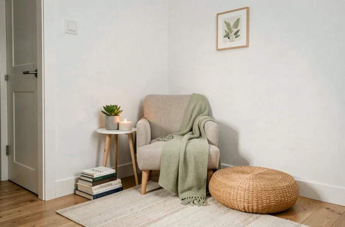 Coin dédié au calme aménagé dans un appartement avec fauteuil en lin, bougie, plante succulente et livres empilés