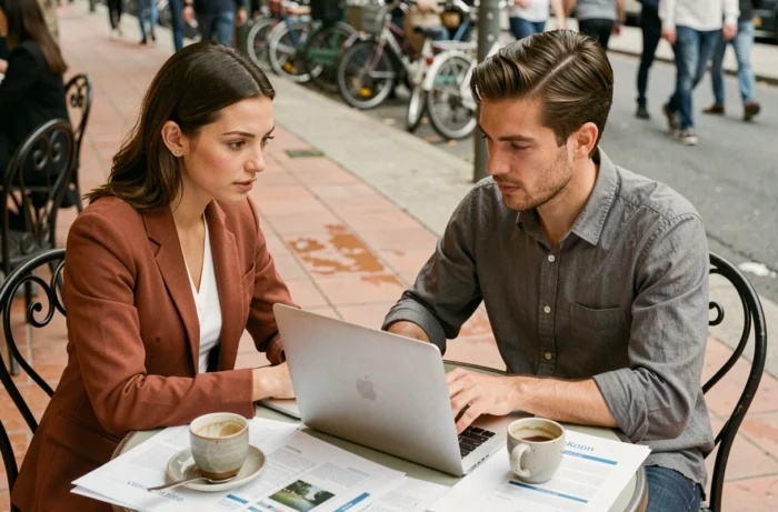 Deux jeunes entrepreneurs collaborant sur un projet de business en ligne autour d'un ordinateur portable dans un café en terrasse