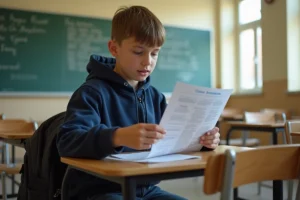 Collégien consultant sa fiche de classe 2026 assis à un bureau en bois dans une salle de classe