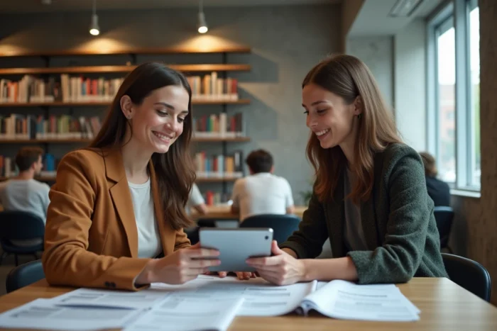 Deux jeunes professionnels analysant des offres d'emploi ensemble dans un espace de coworking