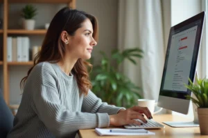 Femme configurant sa boîte mail sur un ordinateur portable dans un bureau à domicile