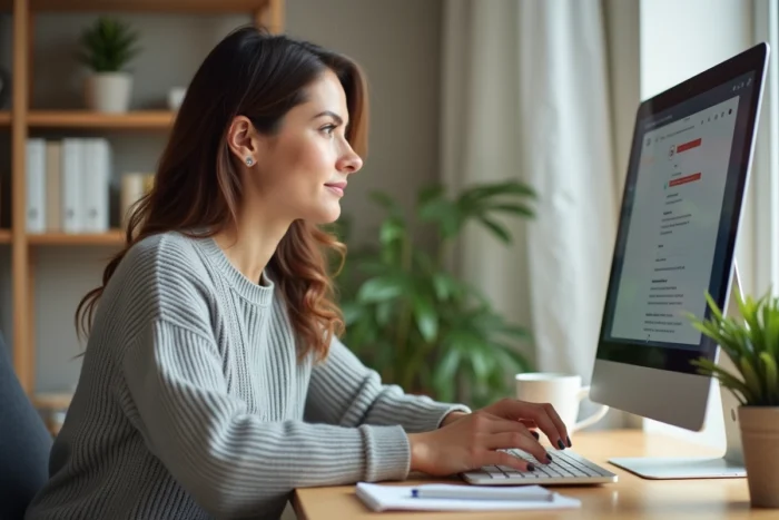 Femme configurant sa boîte mail sur un ordinateur portable dans un bureau à domicile