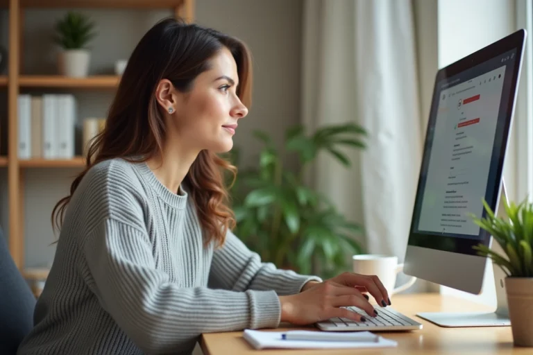 Femme configurant sa boîte mail sur un ordinateur portable dans un bureau à domicile