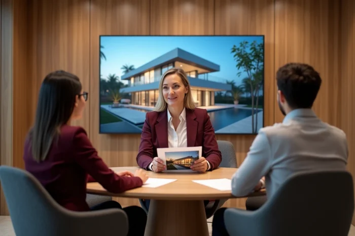 Réunion de conseil personnalisé dans une salle de réception d'agence immobilière moderne avec présentation digitale d'un bien immobilier