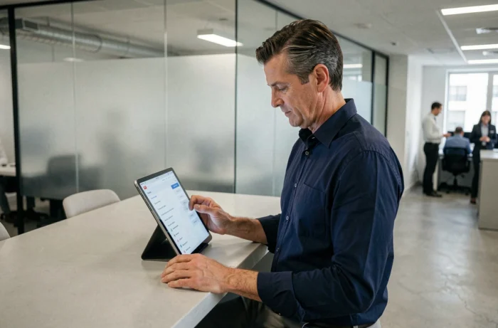Homme consultant le plan de navigation d'un magazine numérique sur une tablette dans un bureau moderne