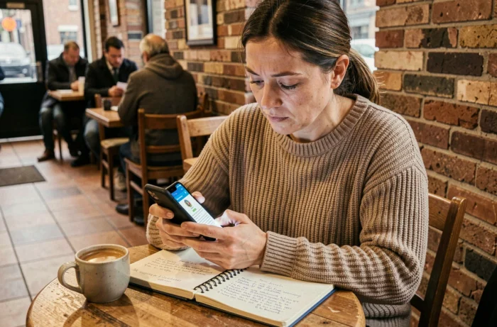 Personne consultant les règles de cumul allocations chômage et revenus d'activité sur son téléphone dans un café