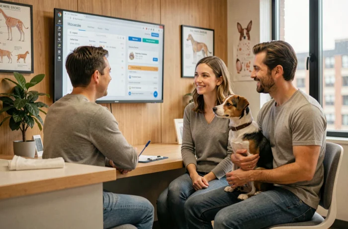 Couple de propriétaires d'animaux consultant un vétérinaire devant un tableau de bord numérique affichant le dossier de santé de leur chien