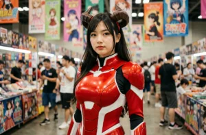 Cosplayeuse en costume futuriste rouge et blanc inspiré de Darling in the Franxx lors d'une convention anime