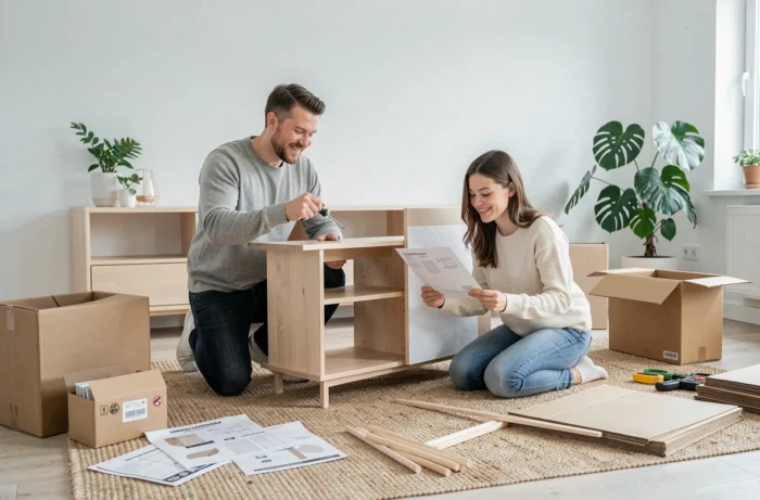Couple assemblant un meuble en bois dans un salon de style scandinave avec des instructions au sol