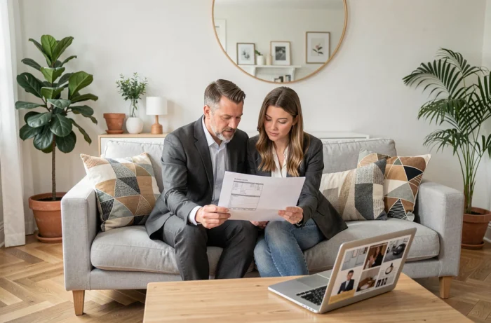 Couple consultant un devis de relooking de salon avec une décoratrice d'intérieur professionnelle