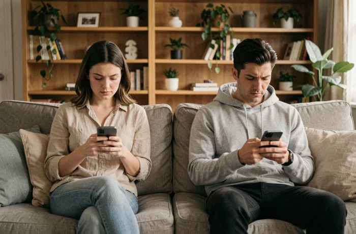 Couple assis aux deux extrémités d'un canapé sans interaction, illustrant la distance émotionnelle et les signes d'un partenaire au comportement de glaçon